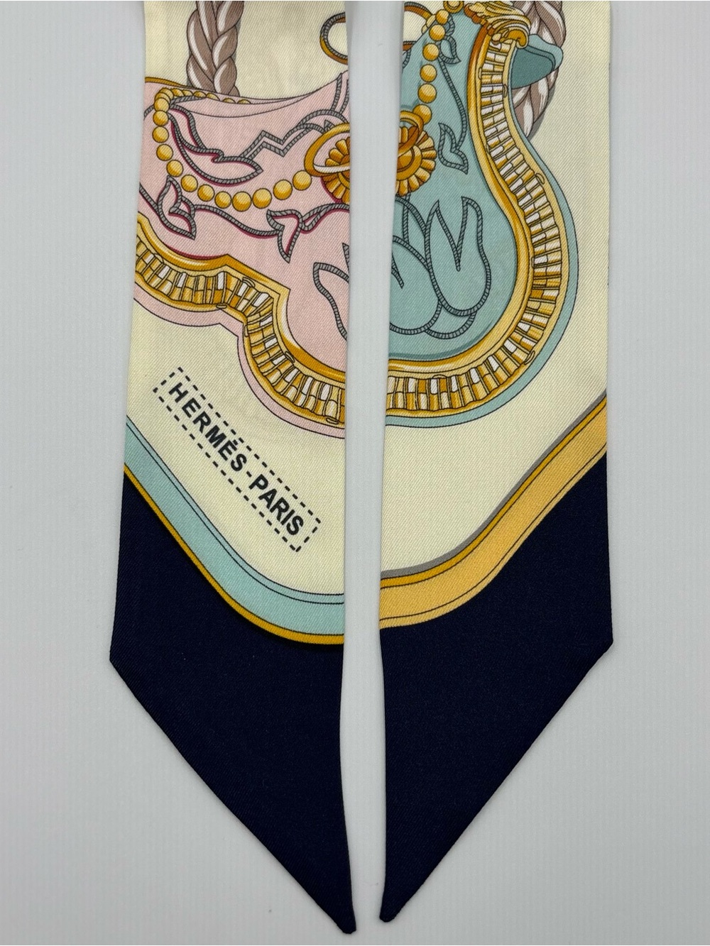 Hermes Grand Apparat Twilly Silk Scarf Ivoire Marine Rose Navy Pink Equestrian - Picture 3 of 6